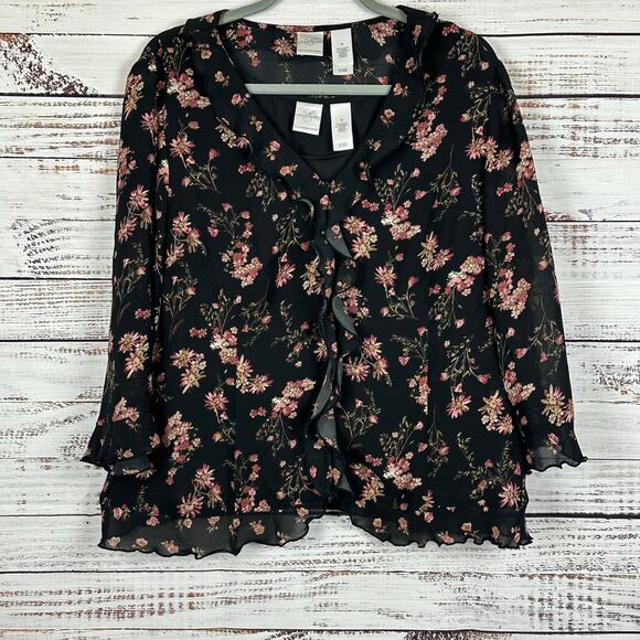 Womens Emma James Black Pink Floral Sheer Blouse 2 Pc w/ Tank 3/4 Sleeve Size 16 - Picture 1 of 9